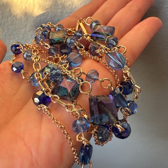 Blue Iridescent Plastic Beads Double Gold Tone Chain Necklace Vintage Style 36" - Picture 8 of 9